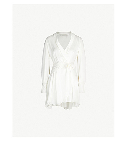 Zimmermann Womens Ivory Belted Silk Wrap Mini Dress M | ModeSens